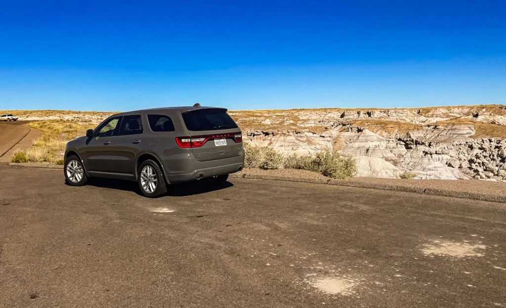 View of Rental Car and Road along Petrified Forest National Park