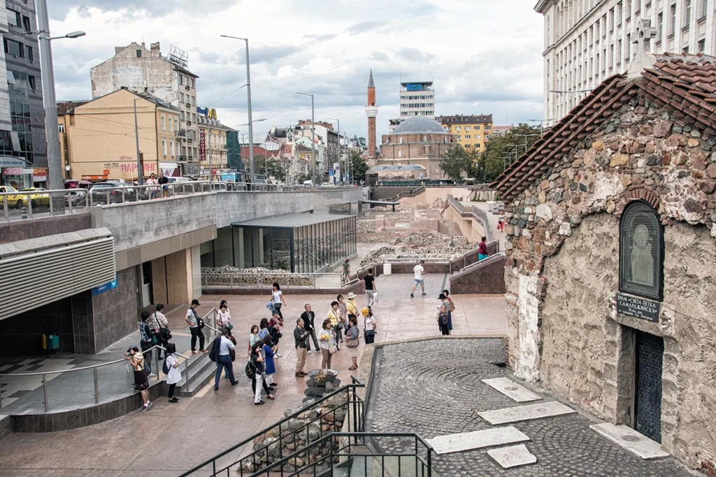 Roman Ruins in Sofia with Banya Bashi Mosque in Background