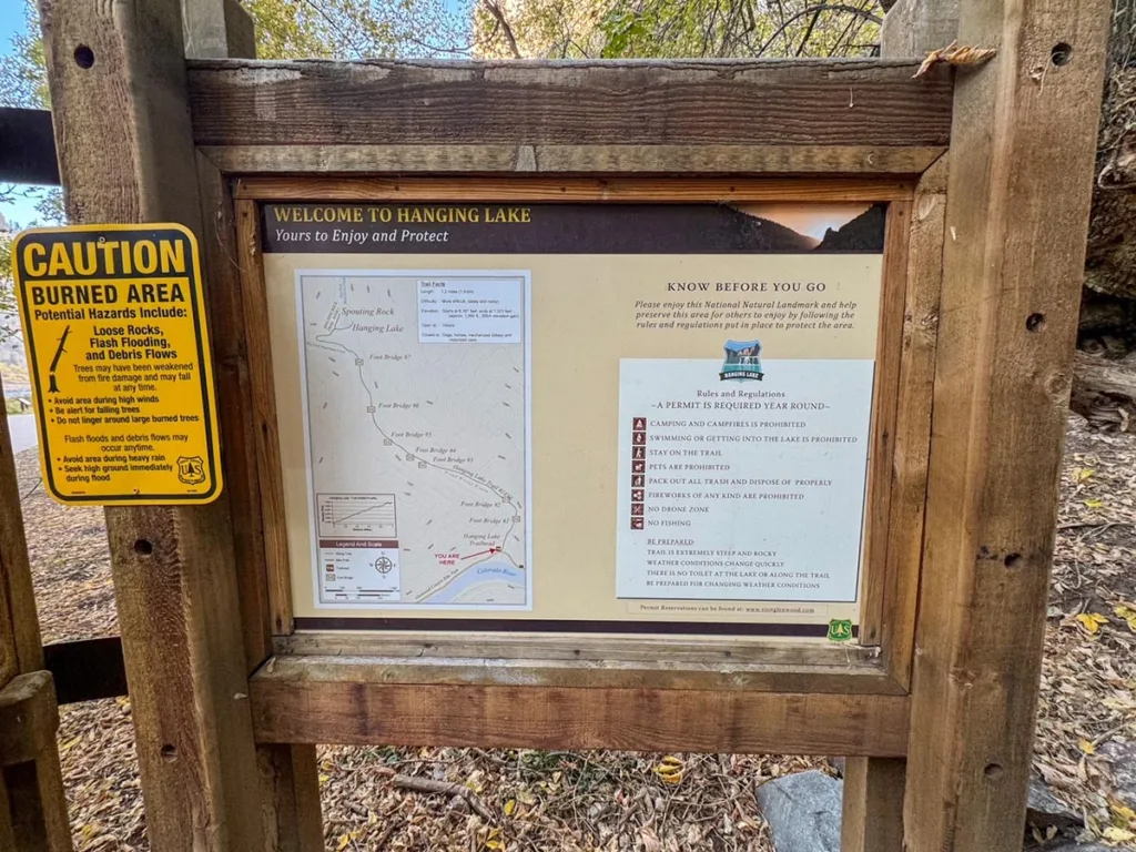 View of Trailhead Sign for Hanging Lake Trail Colorado