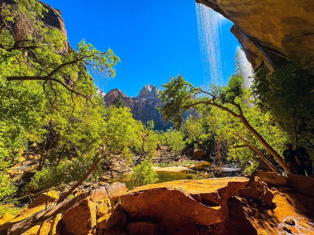 Waterfall on Overhang Lower Emerald Pool Zion National Park Utah